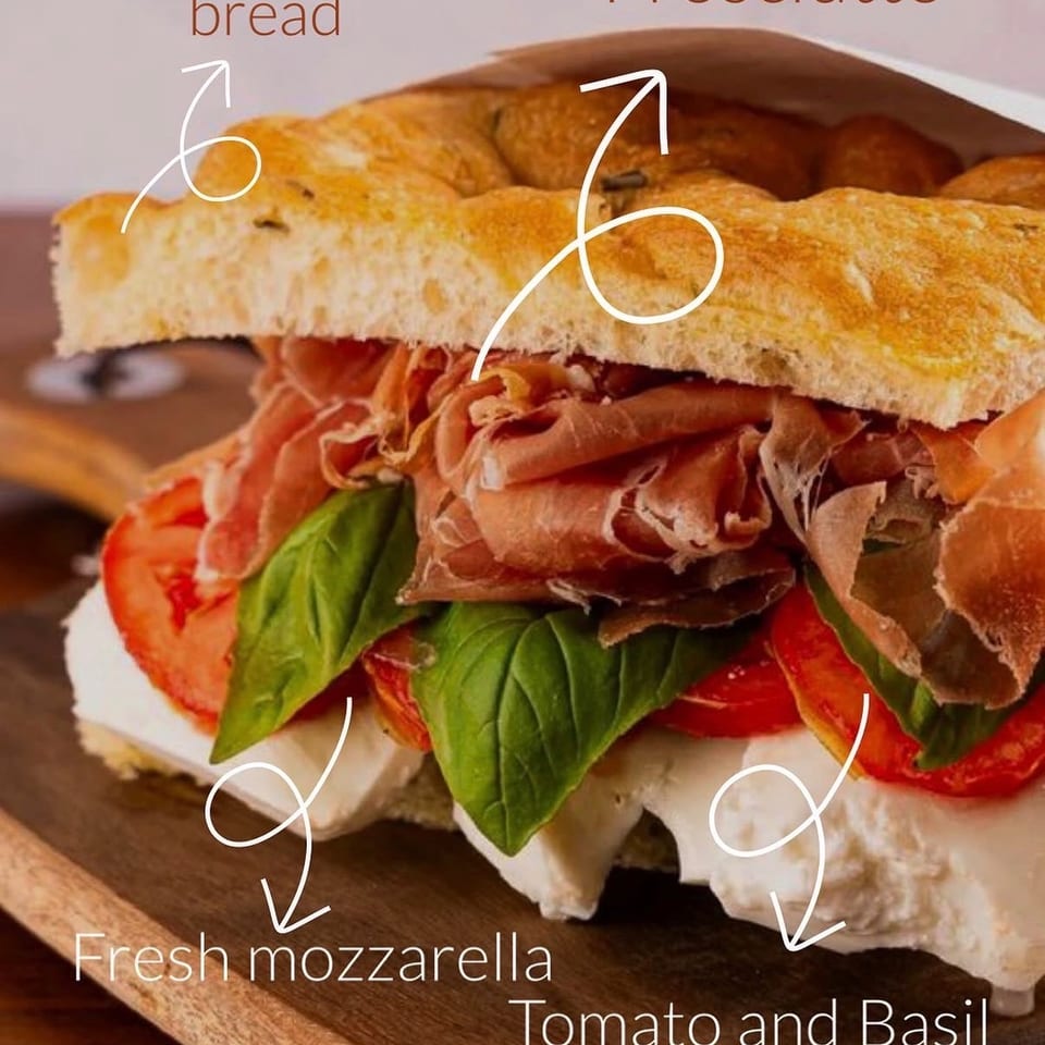 Focaccia sandwich with prosciutto, fresh mozzarella, sliced tomatoes, and basil on a wooden board.