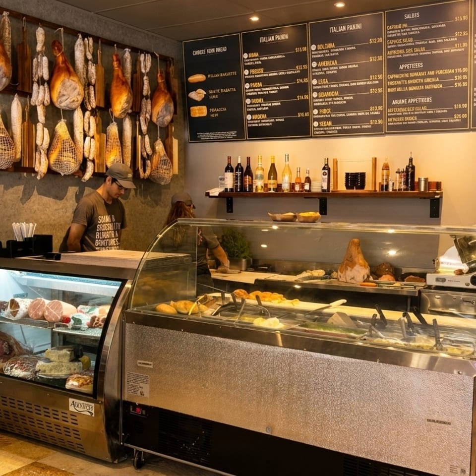 Deli counter with cured meats, cheeses, and a menu board, with a person working behind the counter.