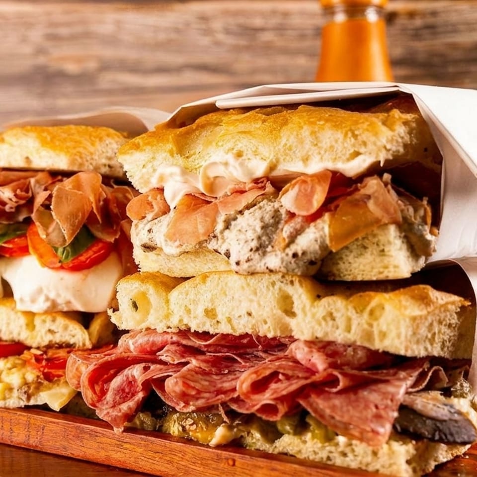 Three stacked focaccia sandwiches with various fillings, including prosciutto, salami, and mozzarella.